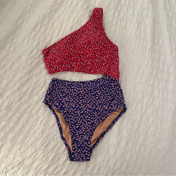 NWT J. Crew One Shoulder Cutout One Piece Swimsuit Red Blue Polka Dot American 8 - Picture 2 of 8